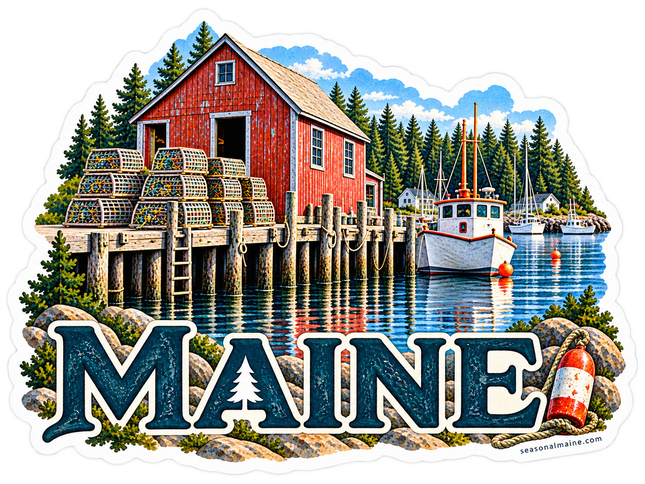 Maine Lobster Shack and Fishing Boat sticker artwork. A red waterfront shack, stacks of lobster traps and a white fishing boat appear above oversized navy Maine lettering, with a red-and-white buoy and rope at the right.