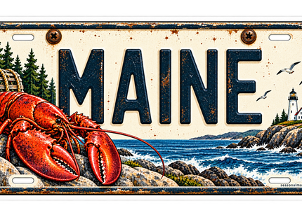 Maine Lobster Vintage License Plate sticker artwork. A vintage cream-and-navy license-plate design pairs bold MAINE lettering with a red lobster, lobster trap, evergreen trees, rocky shoreline and a distant lighthouse.
