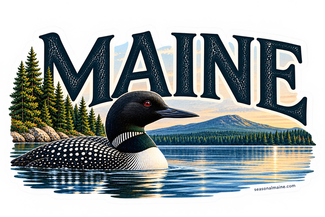 Maine Loon Lake sticker artwork. A black-and-white loon floats on a calm blue lake beneath oversized MAINE lettering, backed by evergreen trees, a mountain and warm sky.