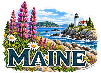 Maine Lupines and Lighthouse sticker artwork. Tall pink-purple lupines, white daisies and yellow wildflowers frame a rocky blue coastline and a white lighthouse above large navy Maine lettering.