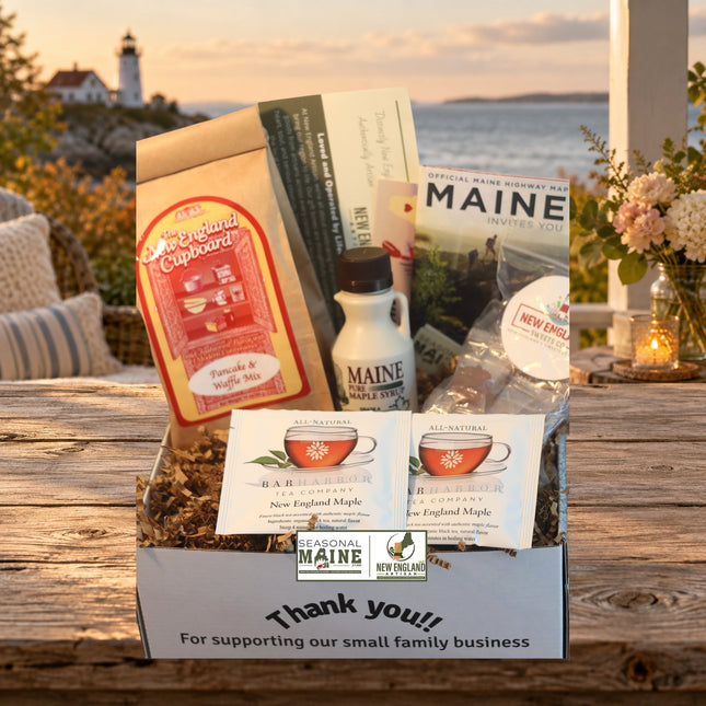 Maine Maple Lovers Gift Box — standard photographed assortment on a Maine coastal cottage table.