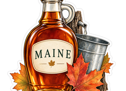Maine Maple Syrup sticker artwork. An amber maple-syrup bottle labeled MAINE sits beside a sap bucket and a tapped tree trunk, surrounded by red and gold maple leaves.