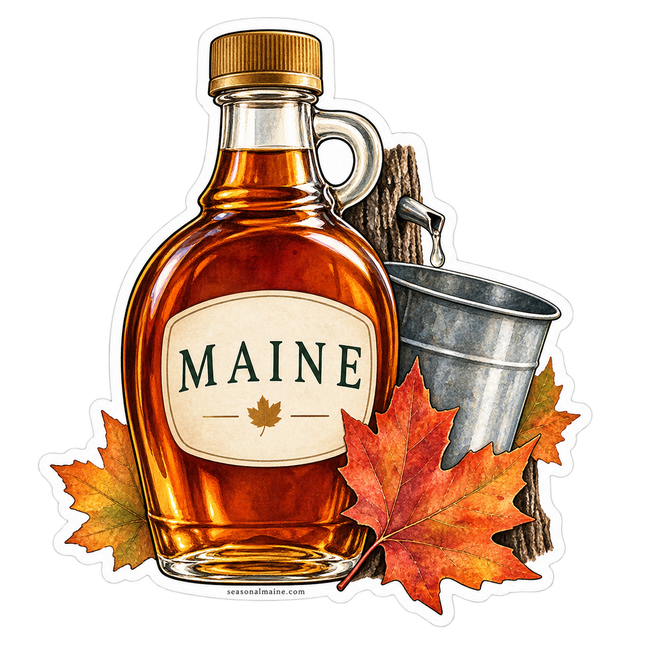 Maine Maple Syrup sticker artwork. An amber maple-syrup bottle labeled MAINE sits beside a sap bucket and a tapped tree trunk, surrounded by red and gold maple leaves.