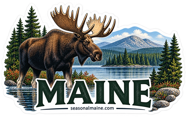 Maine Moose & Mountain Lake sticker artwork. A large antlered moose stands in shallow water before a pine-covered island and mountain backdrop, with evergreen trees and bold dark green MAINE lettering across the foreground.
