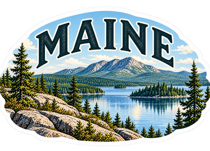 Maine Mountain Lake sticker artwork. Large arched MAINE lettering tops an oval landscape of a blue lake, pine-covered islands, rocky foreground and a rugged mountain ridge.