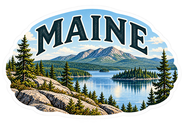 Maine Mountain Lake sticker artwork. Large arched MAINE lettering tops an oval landscape of a blue lake, pine-covered islands, rocky foreground and a rugged mountain ridge.