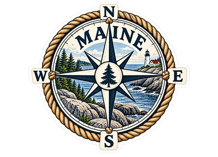 Maine Nautical Compass and Lighthouse sticker artwork. A rope-bordered compass rose with a central pine-tree emblem overlays a rocky coastal scene and lighthouse beneath arched MAINE lettering.