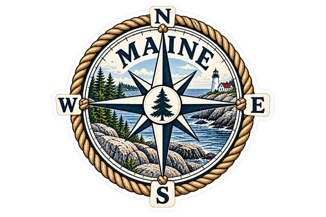 Maine Nautical Compass and Lighthouse sticker artwork. A rope-bordered compass rose with a central pine-tree emblem overlays a rocky coastal scene and lighthouse beneath arched MAINE lettering.