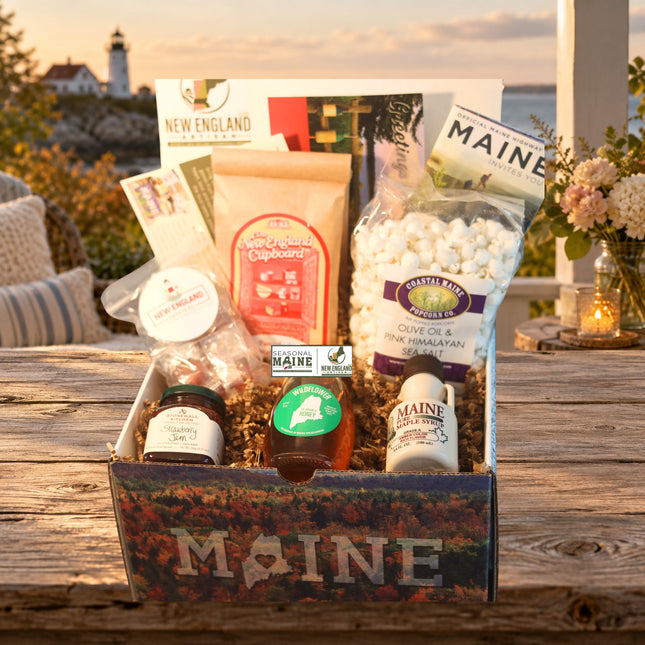 Maine Pantry Favorites Gift Box — standard photographed assortment on a Maine coastal cottage table.