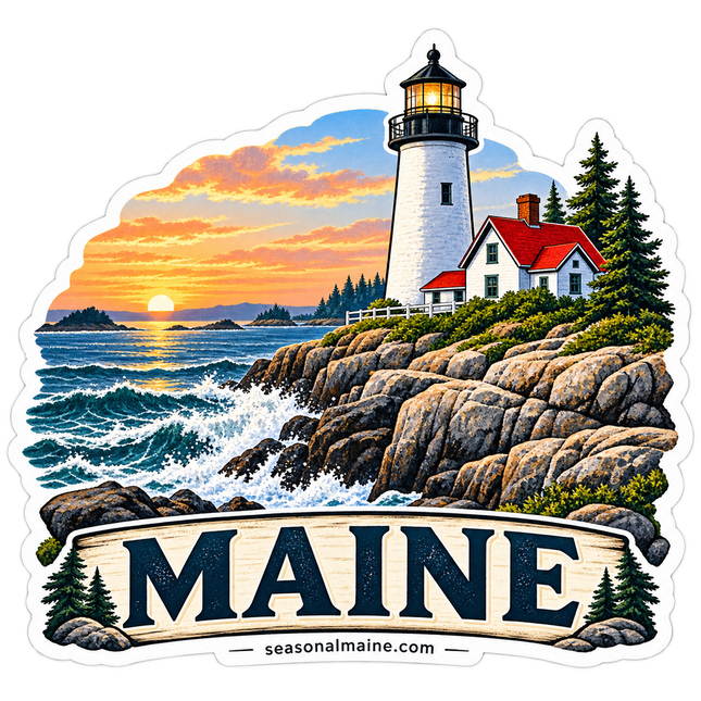Maine Rocky Coast Lighthouse Sunset sticker artwork. A glowing white lighthouse and red-roofed keeper's house stand above crashing waves and a rocky shoreline at sunset, with a cream MAINE banner and evergreen accents below.