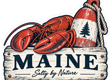 Maine Salty by Nature Lobster and Buoy sticker artwork. A red lobster and weathered red-and-white buoy with a pine-tree emblem sit above a distressed wooden sign reading MAINE and Salty by Nature.
