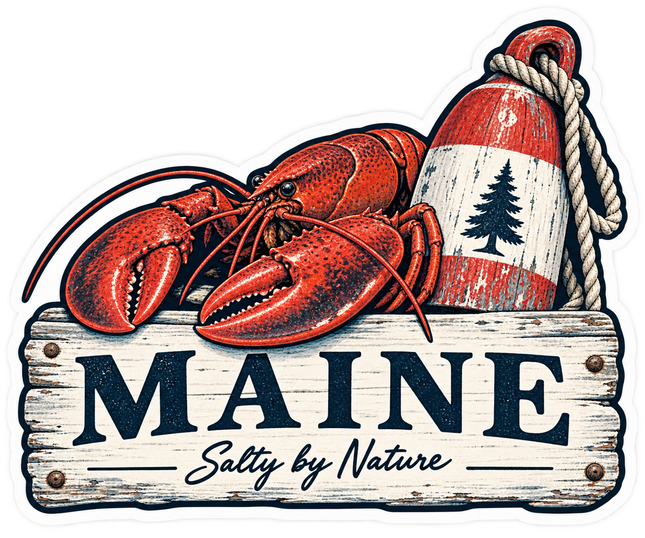 Maine Salty by Nature Lobster and Buoy sticker artwork. A red lobster and weathered red-and-white buoy with a pine-tree emblem sit above a distressed wooden sign reading MAINE and Salty by Nature.