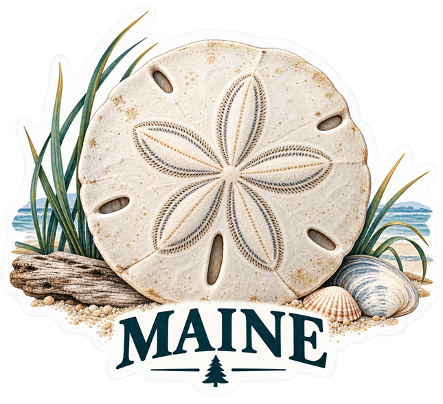 Maine Sand Dollar and Seashells sticker artwork. A large cream sand dollar is surrounded by beach grass, driftwood and seashells above MAINE lettering and a small pine-tree symbol.