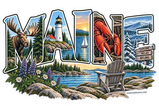 Maine Scenic Lettering sticker artwork. Large MAINE letters contain a moose, lighthouse, sailboat, lobster and snowy forest, with an Adirondack chair, wildflowers and rocky water scenery across the foreground.