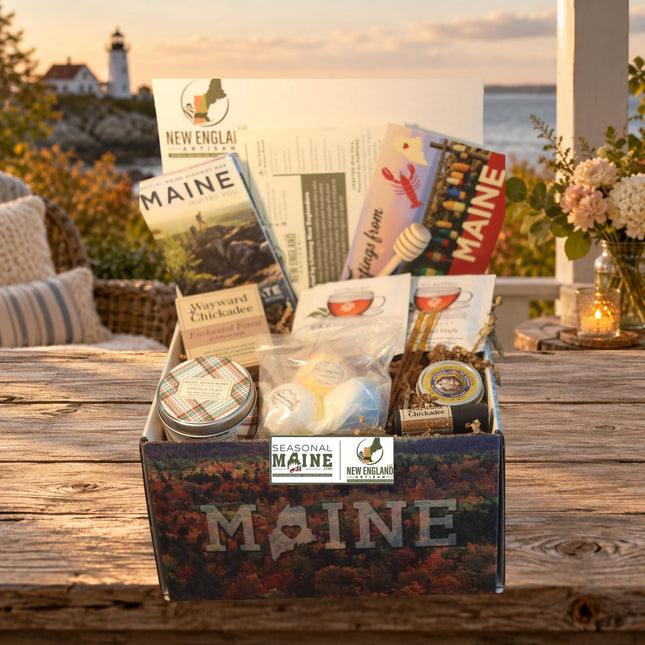 Maine Self-Care Gift Box — standard photographed assortment on a Maine coastal cottage table.