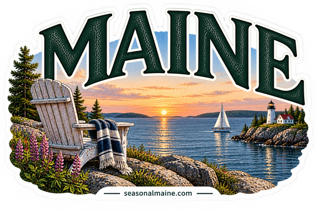 Maine Sunset Adirondack Chair sticker artwork. Dark green MAINE lettering rises above an Adirondack chair with a plaid blanket, pink lupines, a rocky shoreline, a sailboat and a lighthouse across sunset-lit water.