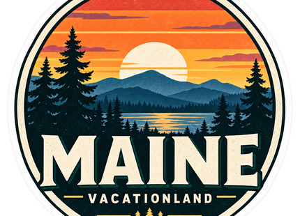 Maine Sunset Vacationland Badge sticker artwork. A round retro badge shows an orange sunset behind blue mountain ridges, a reflective lake and dark pine silhouettes above large cream MAINE and VACATIONLAND lettering.