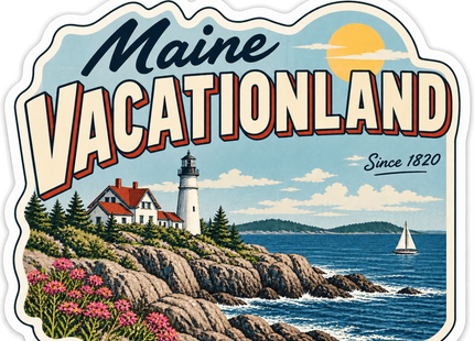 Maine Vacationland Coastal Postcard sticker artwork. A vintage postcard-style design pairs Maine Vacationland lettering and Since 1820 text with a white lighthouse, red-roofed keeper's house, rocky coast, pink flowers, sailboat and yellow sun.