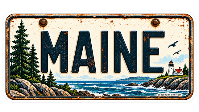 Maine Vintage Coastal Plate sticker artwork. A weathered cream plate-style rectangle features large navy Maine letters above ocean waves, pine-covered rocks and a small lighthouse, with illustrated rusty edges and fasteners.