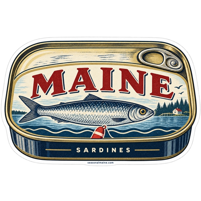 Maine Vintage Sardine Tin sticker artwork. A vintage sardine-tin illustration combines burgundy MAINE lettering, a silver fish, a pull-tab lid and a small coastal scene in cream, navy and gold.