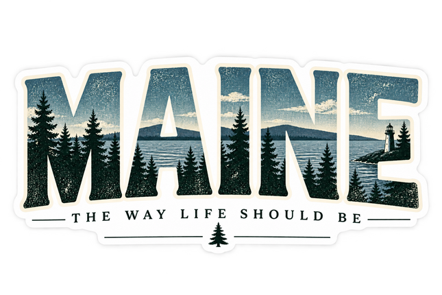 Maine Wilderness — The Way Life Should Be sticker artwork. Distressed blue-green MAINE block letters frame evergreen trees, water, distant hills and a small lighthouse above the phrase THE WAY LIFE SHOULD BE and a pine-tree emblem.
