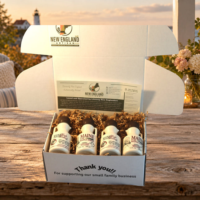 Maple Syrup Gift Box photographed gift box on a Maine coastal cottage table.