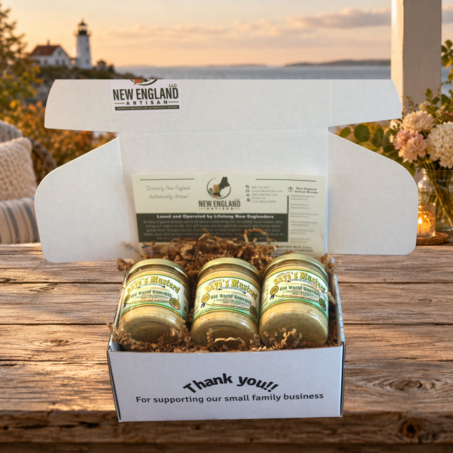 Mustard Gift Box photographed gift box on a Maine coastal cottage table.