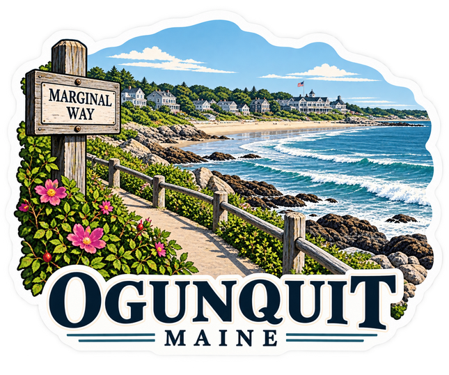 Ogunquit Maine Marginal Way sticker artwork. An Ogunquit coastal scene shows a Marginal Way sign beside a rail-lined path, pink beach roses, rocky surf, a sandy cove and waterfront houses above bold OGUNQUIT MAINE lettering.
