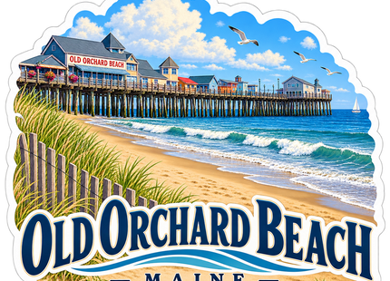 Old Orchard Beach Pier Maine sticker artwork. A colorful seaside pier stretches across blue surf beside a sandy beach, dune grass and a wooden fence, with gulls overhead and Old Orchard Beach lettering below.