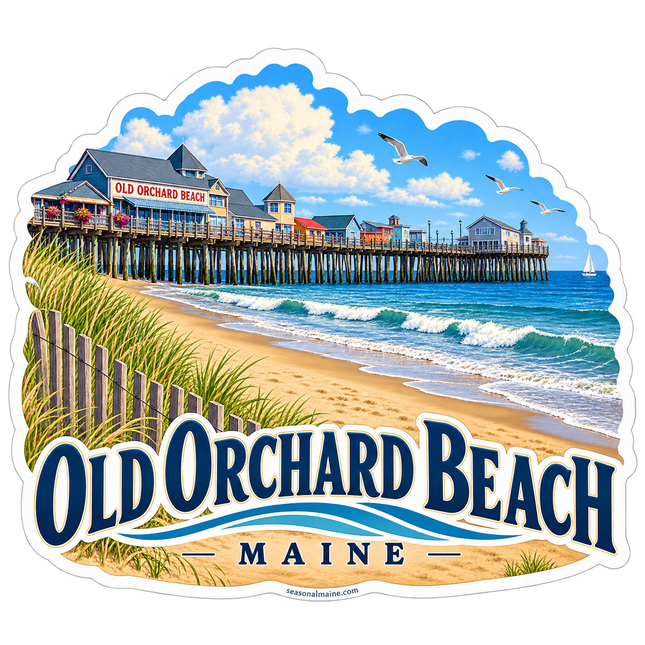 Old Orchard Beach Pier Maine sticker artwork. A colorful seaside pier stretches across blue surf beside a sandy beach, dune grass and a wooden fence, with gulls overhead and Old Orchard Beach lettering below.