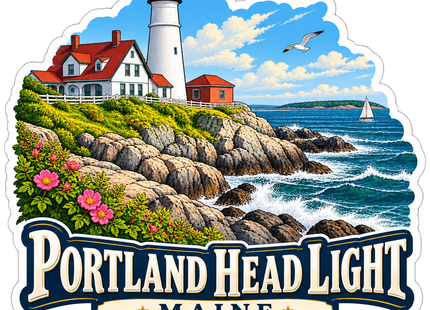 Portland Head Light Coastal View Maine sticker artwork. A tall white lighthouse and red-roofed buildings rise above a rocky shoreline with pink flowers, rolling surf, a gull and a sailboat, above Portland Head Light lettering.