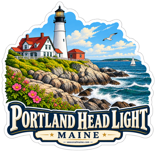 Portland Head Light Coastal View Maine sticker artwork. A tall white lighthouse and red-roofed buildings rise above a rocky shoreline with pink flowers, rolling surf, a gull and a sailboat, above Portland Head Light lettering.