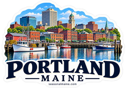 Portland Maine Waterfront sticker artwork. A colorful waterfront illustration shows fishing boats beside wharves and brick buildings beneath a city skyline, with large PORTLAND MAINE lettering below.