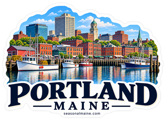 Portland Maine Waterfront sticker artwork. A colorful waterfront illustration shows fishing boats beside wharves and brick buildings beneath a city skyline, with large PORTLAND MAINE lettering below.
