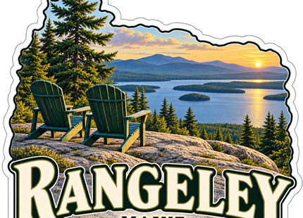 Rangeley Lake Overlook Maine sticker artwork. Two green Adirondack chairs rest on a rocky overlook above a lake with forested islands, distant mountains and a golden sunset beneath a Rangeley name banner.