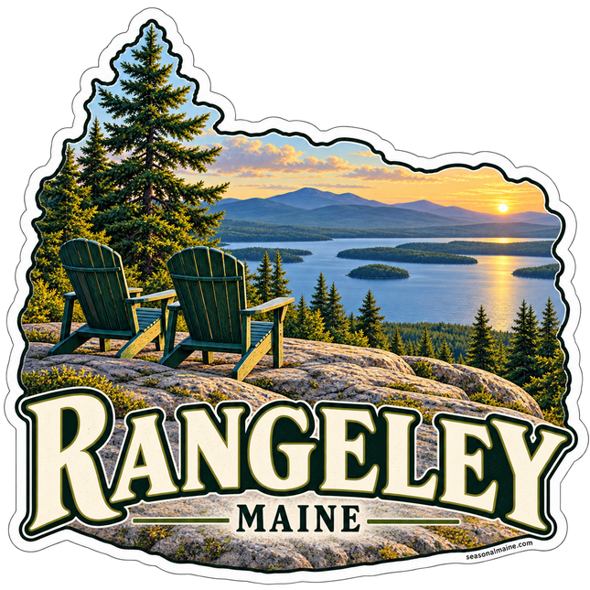 Rangeley Lake Overlook Maine sticker artwork. Two green Adirondack chairs rest on a rocky overlook above a lake with forested islands, distant mountains and a golden sunset beneath a Rangeley name banner.