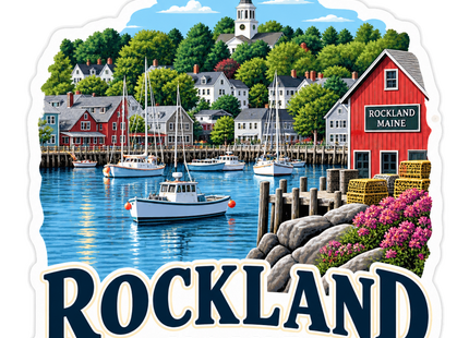 Rockland Maine Harbor sticker artwork. A colorful harbor illustration shows a fishing boat and sailboats among waterfront houses, a wooded hillside and church steeple, with a red wharf building marked ROCKLAND MAINE, lobster traps and pink flowers above large town lettering.