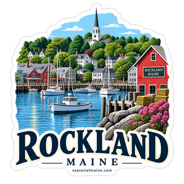 Rockland Maine Harbor sticker artwork. A colorful harbor illustration shows a fishing boat and sailboats among waterfront houses, a wooded hillside and church steeple, with a red wharf building marked ROCKLAND MAINE, lobster traps and pink flowers above large town lettering.