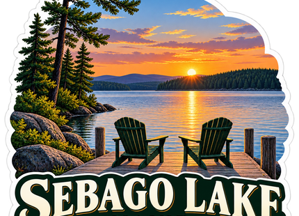 Sebago Lake Dock Sunset Maine sticker artwork. Two green Adirondack chairs face an orange sunset from a wooden dock on a calm lake bordered by rocks and tall pines, above Sebago Lake lettering.
