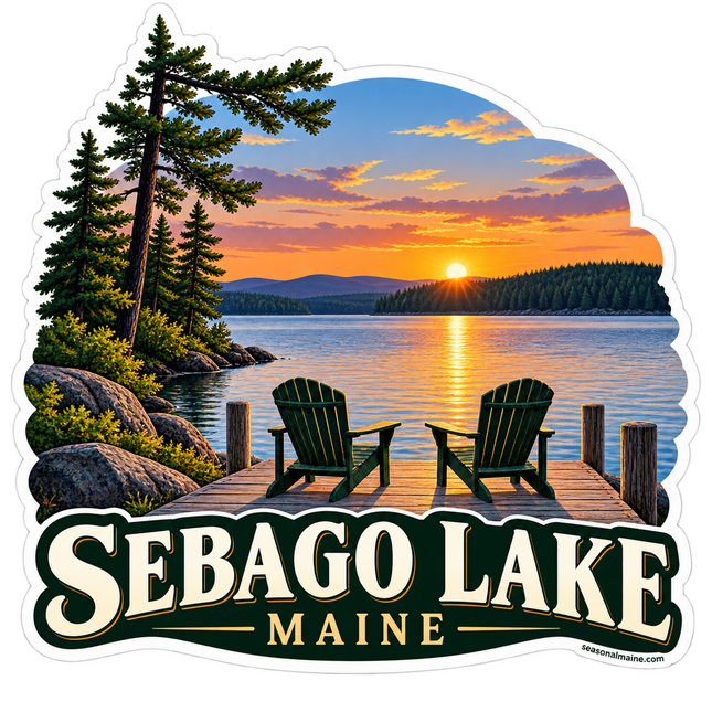 Sebago Lake Dock Sunset Maine sticker artwork. Two green Adirondack chairs face an orange sunset from a wooden dock on a calm lake bordered by rocks and tall pines, above Sebago Lake lettering.