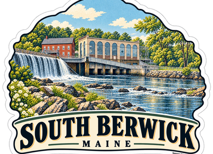 South Berwick Maine Falls sticker artwork. A South Berwick illustration depicts a broad waterfall beside a red brick building and a tan riverside building with tall arched windows, surrounded by rocks, white wildflowers and leafy trees above a cream town banner.