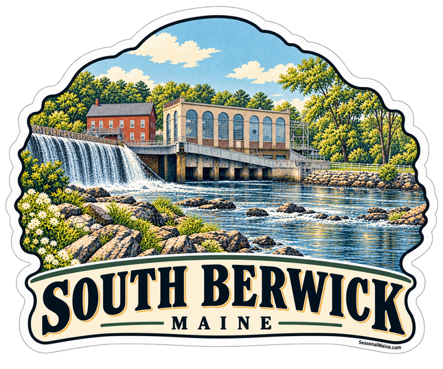 South Berwick Maine Falls sticker artwork. A South Berwick illustration depicts a broad waterfall beside a red brick building and a tan riverside building with tall arched windows, surrounded by rocks, white wildflowers and leafy trees above a cream town banner.