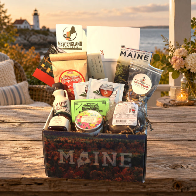 Spring Standard photographed gift box on a Maine coastal cottage table.