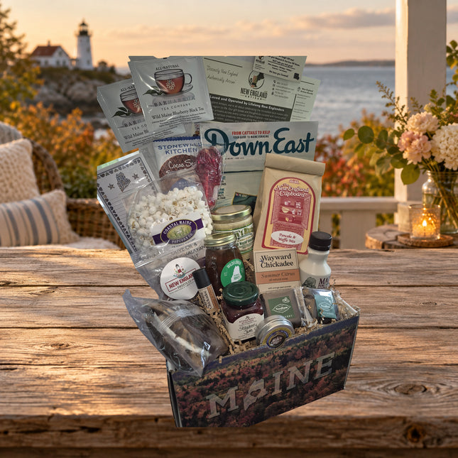 Summer Premium photographed gift box on a Maine coastal cottage table.