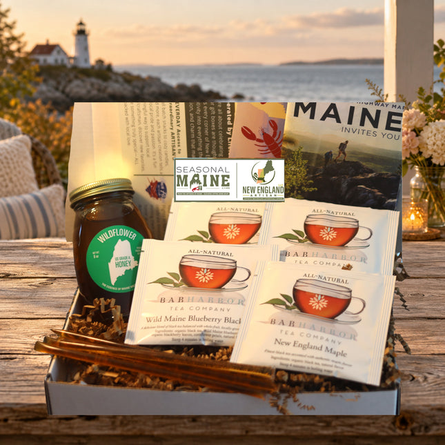 Maine Tea & Honey Gift Box — standard photographed assortment on a Maine coastal cottage table.