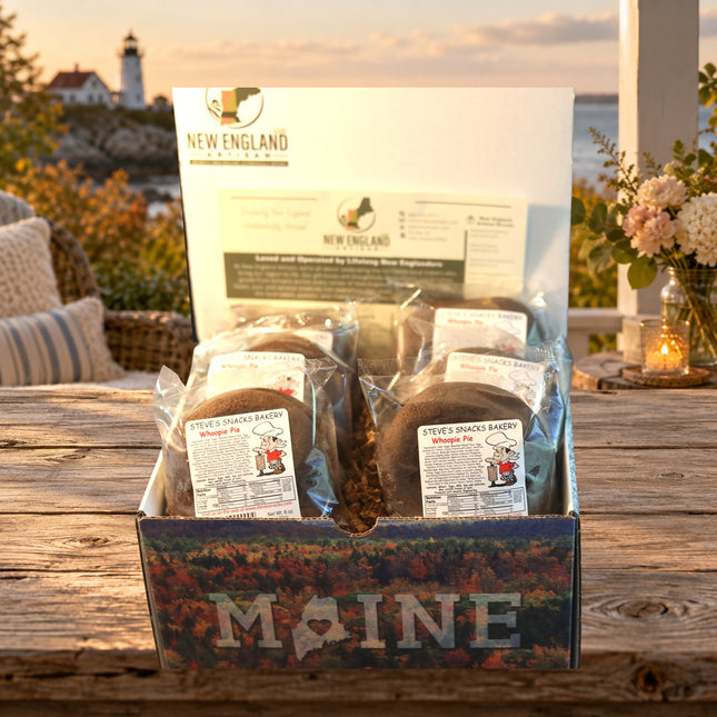 Whoopie Pie Gift Box photographed gift box on a Maine coastal cottage table.