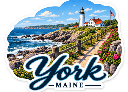 York Maine Lighthouse Coast sticker artwork. Blue York script overlays an illustrated rocky coast with a rail-lined path, pink beach roses, a white lighthouse, red-roofed keeper's house and American flag beside blue ocean waves.