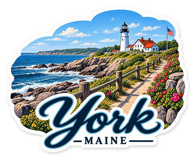 York Maine Lighthouse Coast sticker artwork. Blue York script overlays an illustrated rocky coast with a rail-lined path, pink beach roses, a white lighthouse, red-roofed keeper's house and American flag beside blue ocean waves.