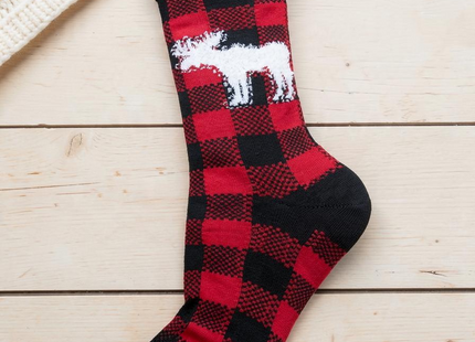Buffalo Plaid Moose Holiday Crew Socks 9-11 in a styled lifestyle setting with Seasonal Maine logo watermark