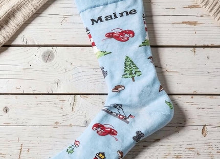 Maine Men's Bamboo Crew Socks 10-13 in a styled lifestyle setting with Seasonal Maine logo watermark
